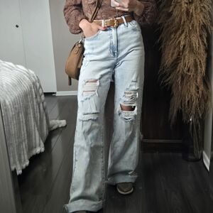 Wild Oak Boutique x Risen Distressed Flare Jeans Light Wash High Rise Trendy Den
